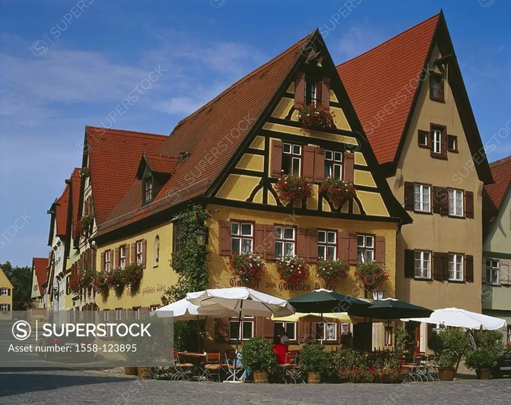 Germany, Bavaria, Dinkelsbühl, row of houses, inn ´Zum goldenen Anker´, restaurant-terrace, romantic street, franc, houses, residences, restaurant, st...