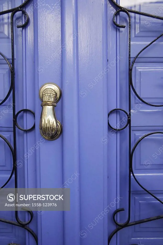 Front door, blue, detail, knockers, golden, entrance, entrance, door, wood-door, dark-blue, old, antique, Frigiliana, Andalusia, Spain, concept, to, o...
