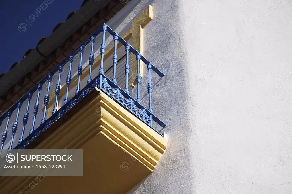 Residence, balcony, detail, from below, buildings, house, apartment, pedestals, ocher, hand-rails, balcony-hand-rails, blue, wrought-iron, privately, ...