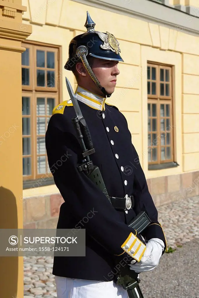 Sweden, Stockholm, Drottningholm palace, watch, detail, no models Mälarsee, island, palace, entrance-area, release, Scandinavia, man, soldier, guard, ...