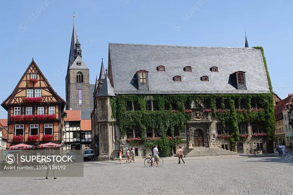 Germany, Saxony-Anhalt, Quedlinburg, market place, town hall, market-church St  Benediktin, town hall-buildings, construction, style, renaissance, 17 ...