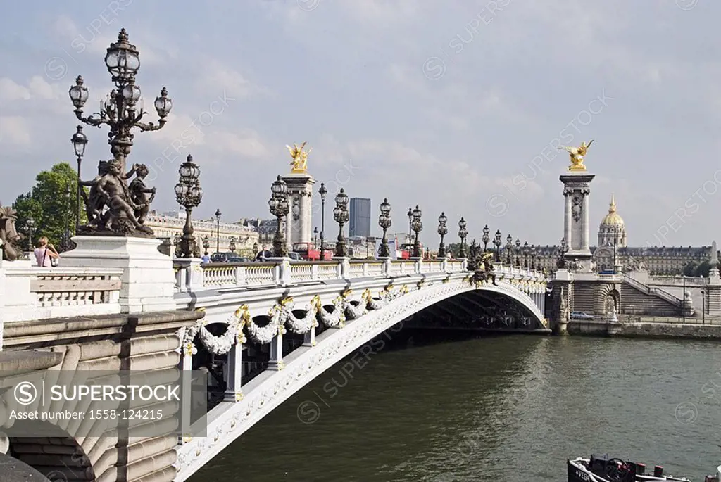 France, Paris, Pont Alexandre III, being, capital, bridge, bow-bridge, lanterns, pillars, sculptures, statues, background, church, sight, destination,...