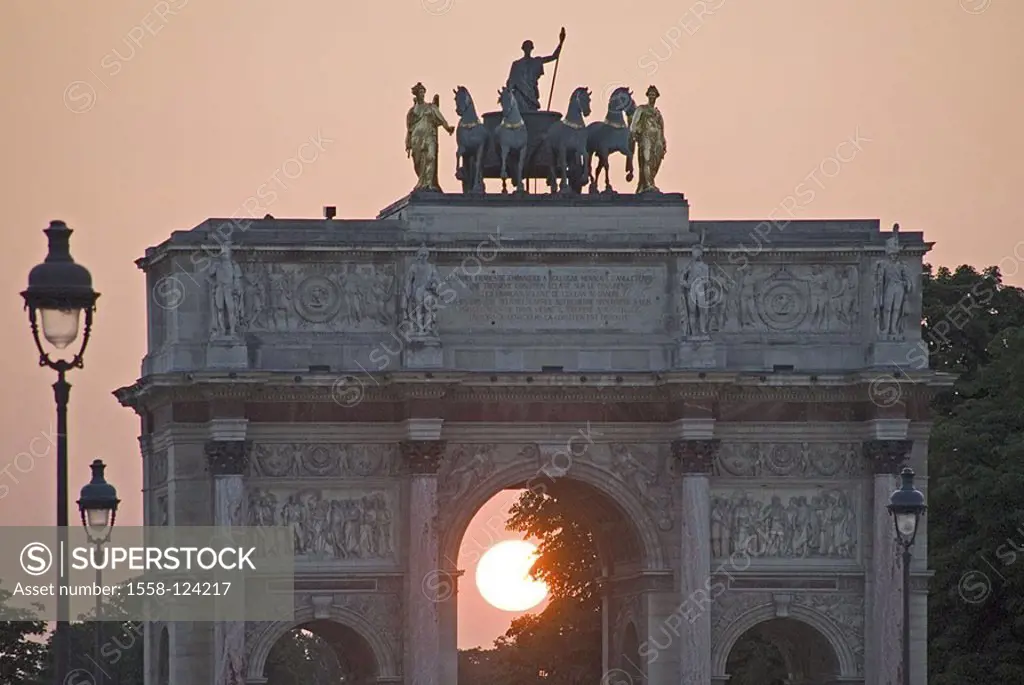 France, Paris, Place Charles de Gaulle, Arc de Triomphe, detail, sunset, capital, Arc de Triomphe de l´Etoile triumph-bow archway, gate-construction, ...