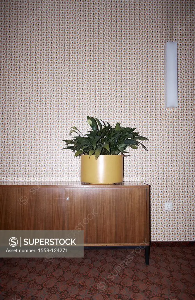 Living rooms, sideboard, flowerpot, green-plant, lamp, wallpaper, 70er years, detail, living room, area, living space, lamp, plant, socket, dresser, w...