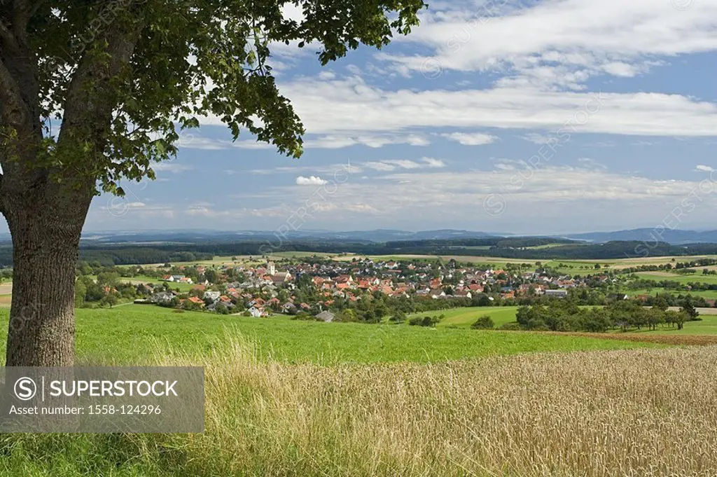 Germany, Swabian Alb Emmingen place-opinion summers Baden-Württemberg, rise Witthoh, foliage-tree, gaze, place, houses, village, cloud-heavens, horizo...