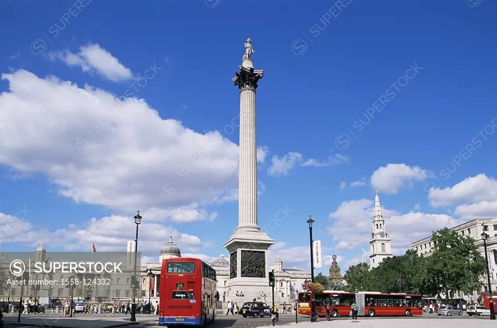 Great Britain, England, London, Trafalgar Square, Nelson-column, 1842, street-scene, series, capital, center, place, column, granite-column, korinthis...