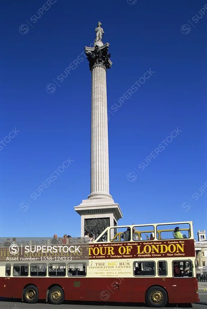 Great Britain, England, London, Trafalgar Square, Nelson-column, 1842, street-scene, biplane-bus, series, capital, center, place, column, granite-colu...