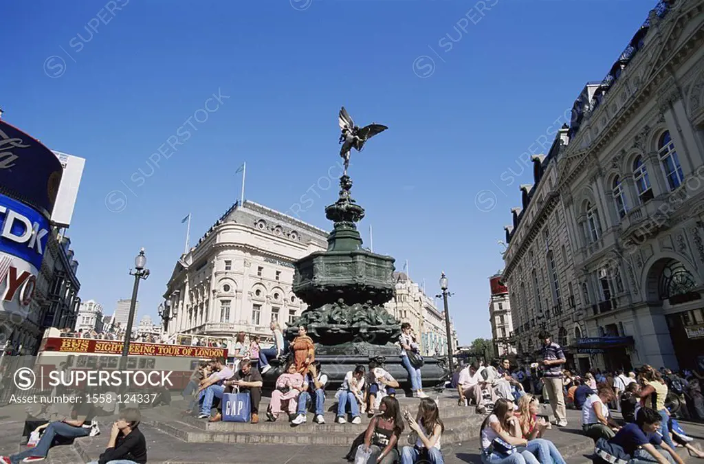 Great Britain, England, London, Piccadilly Circus, Eros-statue, steps, tourists, no models place, houses, buildings, monument, release, capital, Eros,...