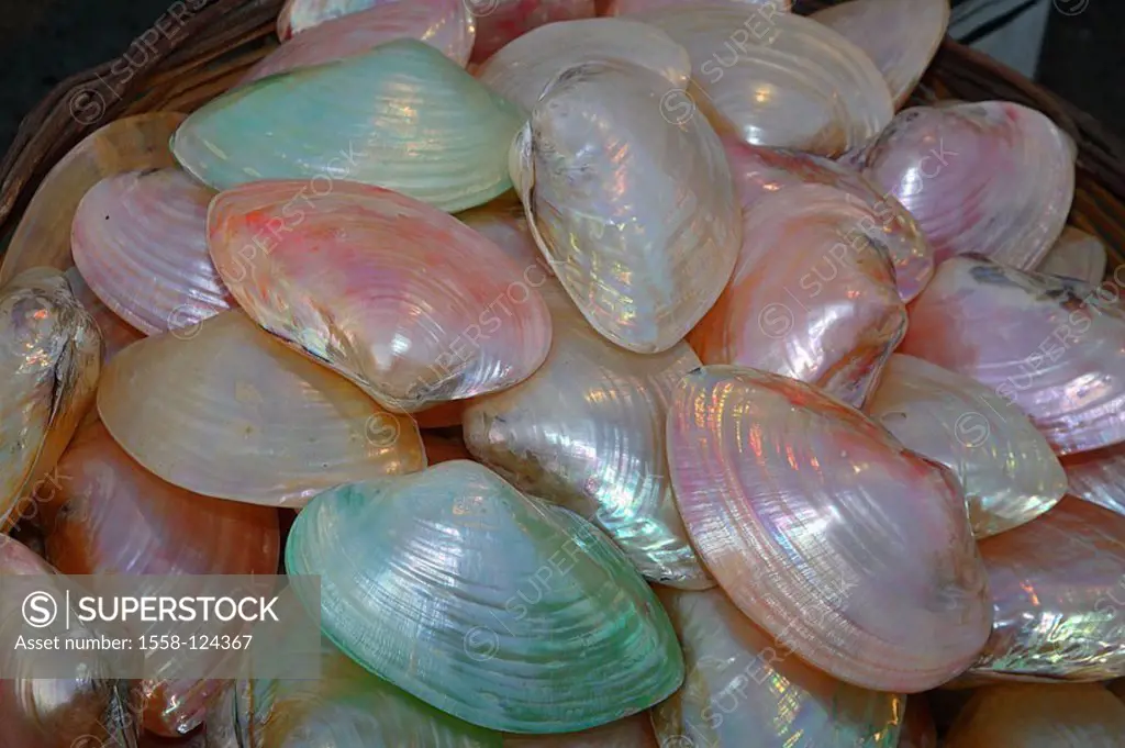 Greece, market, basket, sale, mussel-peels, colorfully, gleams, series, souvenir-sale, souvenirs mussels lime-peels green, pink shines, mother-of-pear...