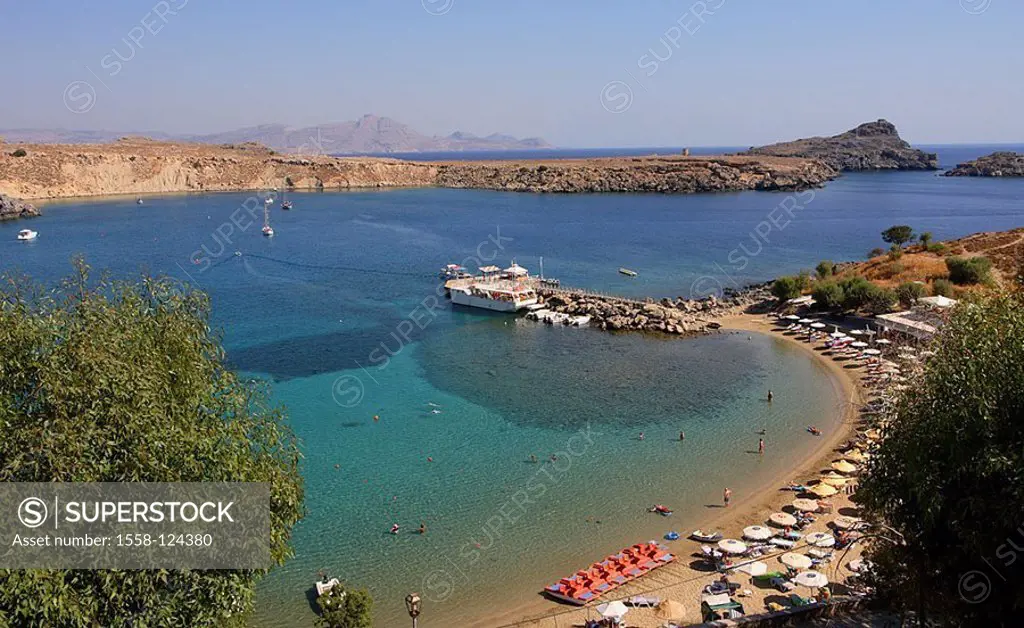 Greece, island Rhodes Lindos bay beach harbor-basins, Mediterranean-island, Dodekanes, Aegean, coast-region, rock-coast, bath-bay, beach, swimmers, je...