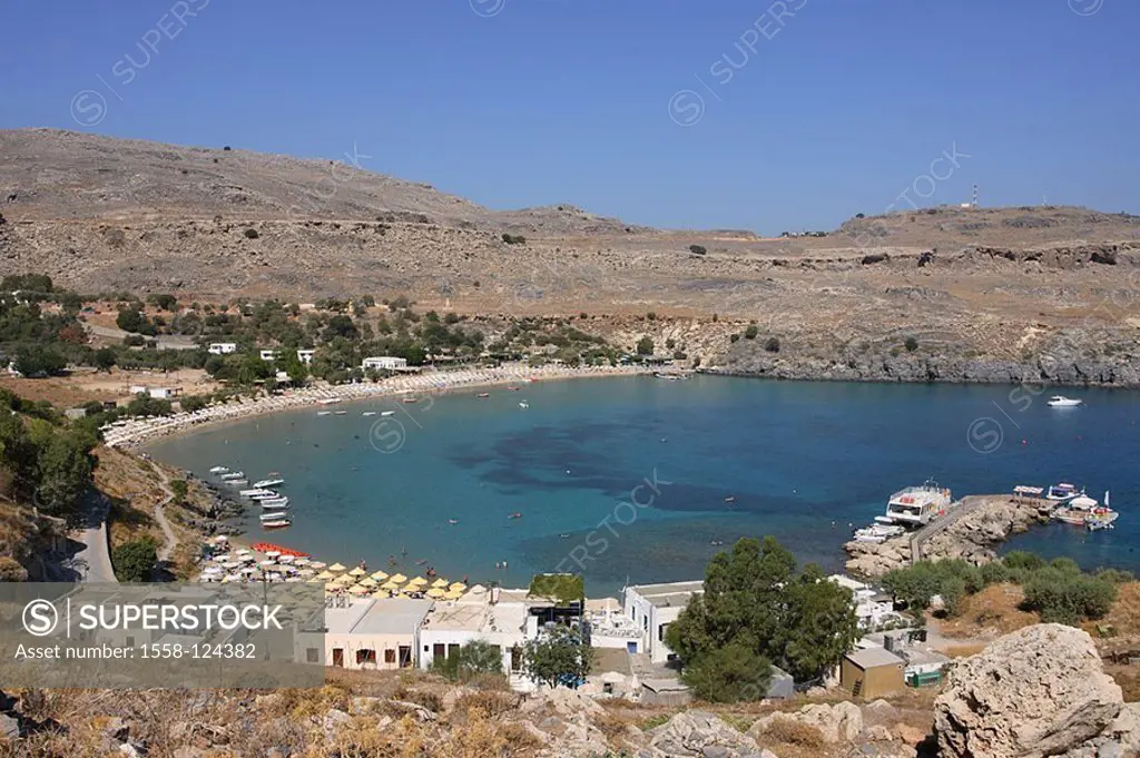 Greece, island Rhodes Lindos bay beach harbor-basins, Mediterranean-island, Dodekanes, Aegean, coast-region, rock-coast, bath-bay, beach, swimmers, je...