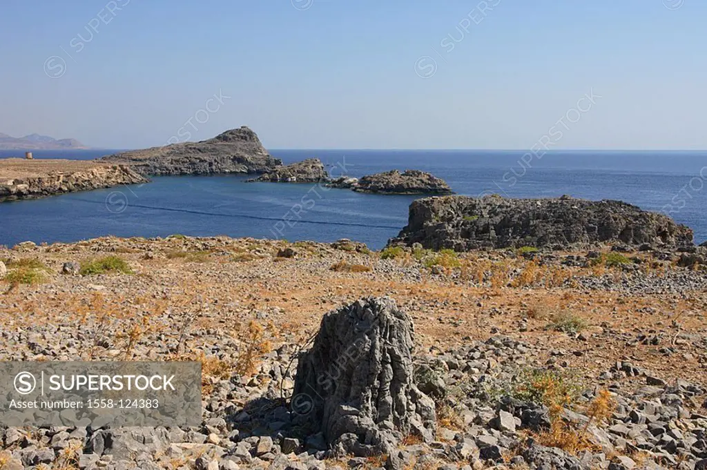 Greece, island Rhodes Lindos rock-coast Mediterranean-island Dodekanes, Aegean, coast-region, coast, human-empty, sea-gaze, symbol, destination, touri...