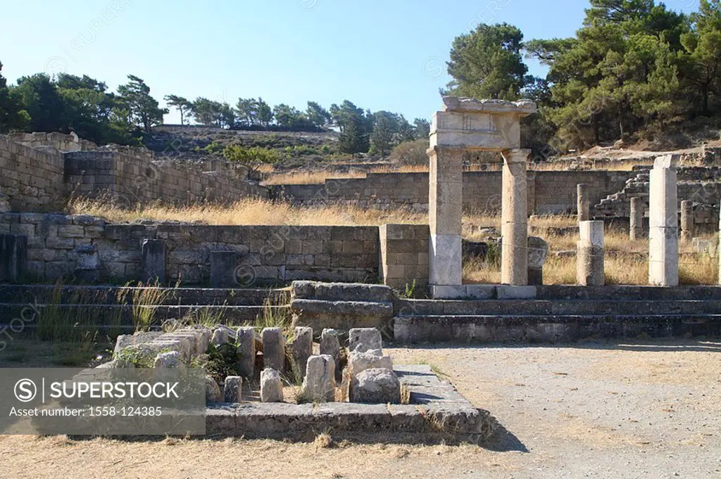 Greece, island Rhodes Kamiros excavation-place ruin detail, columns, Mediterranean-island, Dodekanes, excavations, temple-ruin, remains, sight, destin...