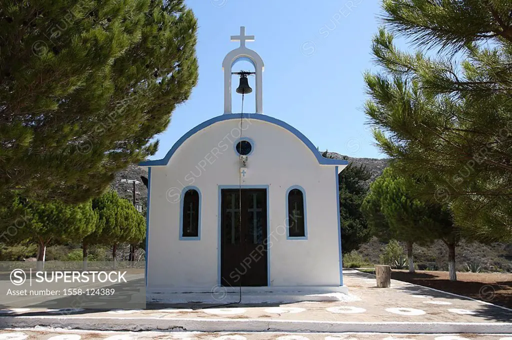 Greece, island Rhodes Kalamos chapel St  George, Mediterranean-island, Dodekanes, forest, church, buildings, belfry, bell, sight, destination, human-e...
