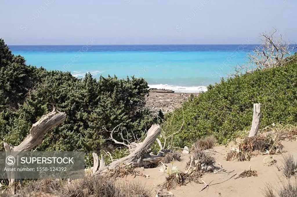 Greece, island Rhodes West coast beach surf Mediterranean-island, Dodekanes, Aegean, coast-region, coast, shrubs, plants, gaze, beach, gravel beach, h...