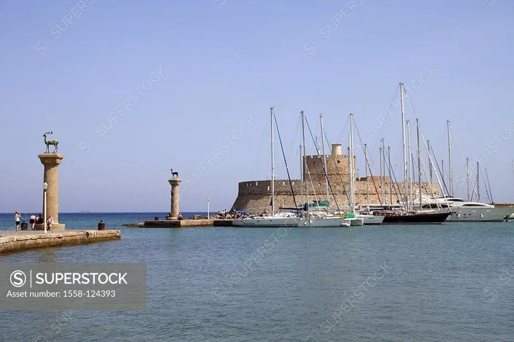 Greece, Rhodes-city, Mandrakihafen, ships, Mediterranean-island, Dodekanes, Aegean, Rhodes, harbor, Mandraki, sail-ships, boats, harbor-entrance, colu...