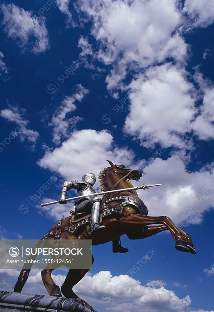 Plastic, knights, lance, horse, from below, cloud-heavens, series, sculpture, Reitpferd, riders, knight-armament, weapon, stabbing weapon, attack-weap...