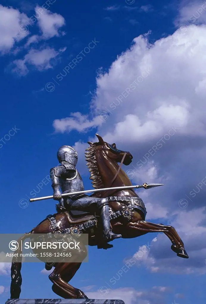Plastic, knights, lance, horse, from below, cloud-heavens, series, sculpture, Reitpferd, riders, knight-armament, weapon, stabbing weapon, attack-weap...
