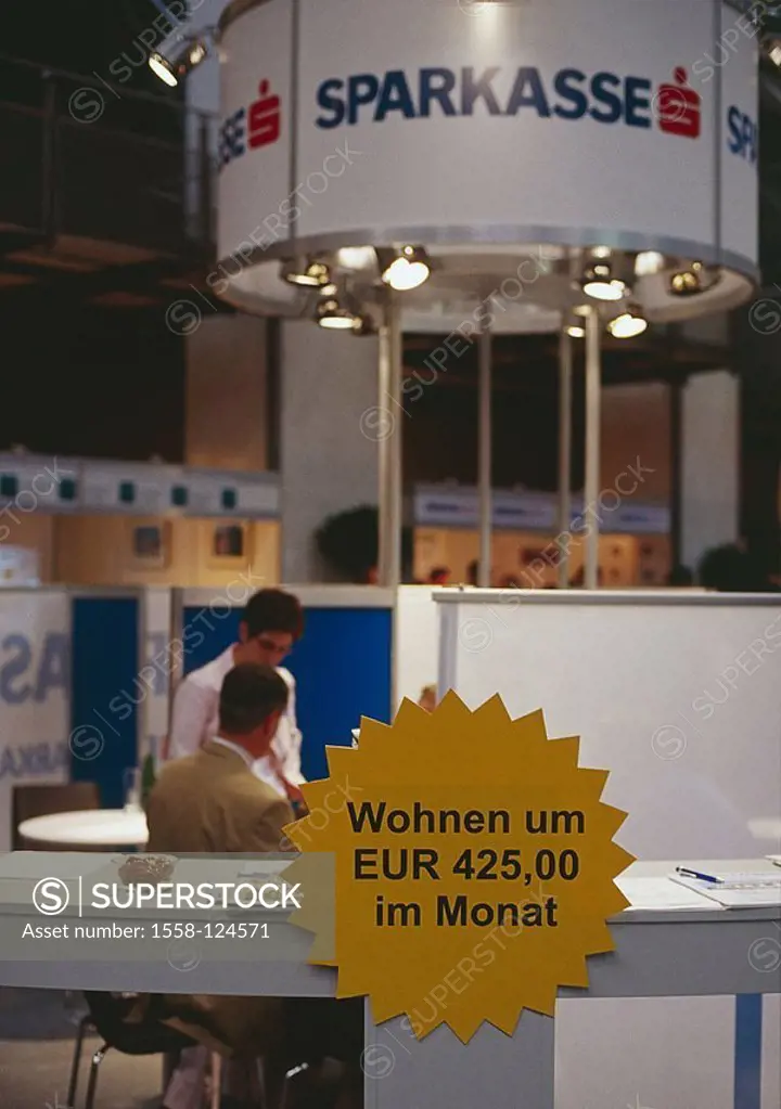 Booth, bank, advertising-sign, ´living about EUR 425 in the month´, no property release, fair, information-stand, bank employees, fuzziness, sign, hin...