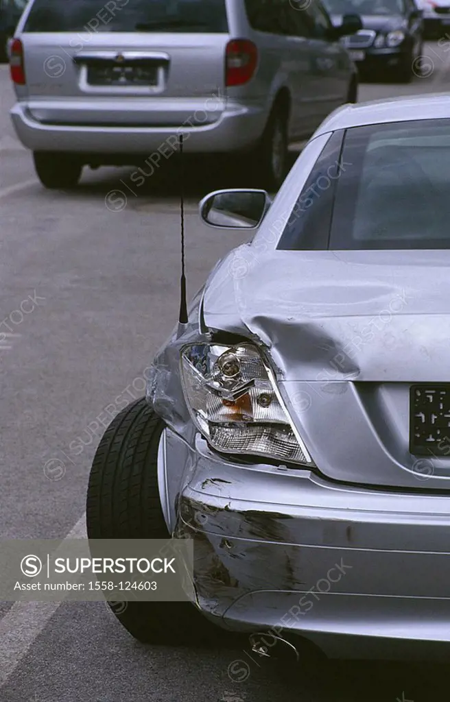 Roadside, accident-car, stern-damage, detail, series, car, private car, accident, ambulances, Mercedes, silver, symbol, accident, traffic-accident, ca...