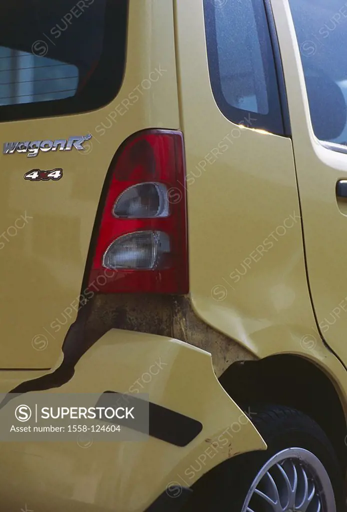 Accident-car, stern-damage, detail, series, car, private car, accident, ambulances, Suzuki freight car, yellow, symbol, accident, traffic-accident, ca...