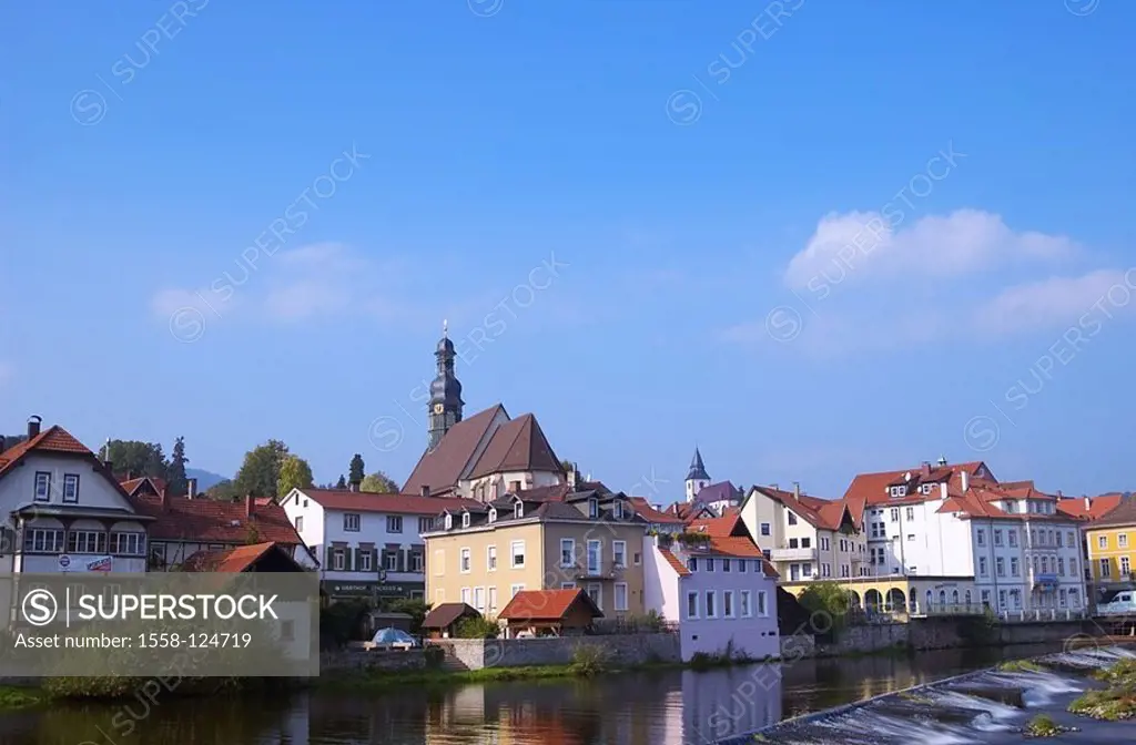 Germany, Baden-Württemberg, gladly-brook, Murg, place-opinion, church, St  Jacob, Black forest, Murgtal, place, houses, residences, river, parish-chur...