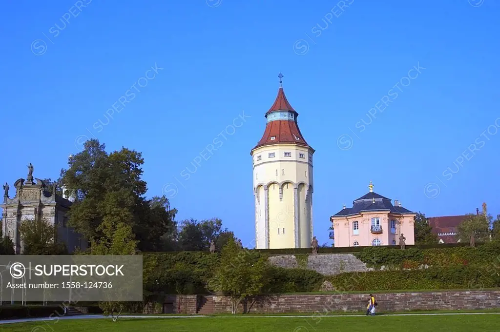 Germany, Baden-Württemberg, Rastatt, water-tower, pagoda-castle, hermit-chapel, detail, Black forest, city-middle, tower, chapel, church, buildings, c...