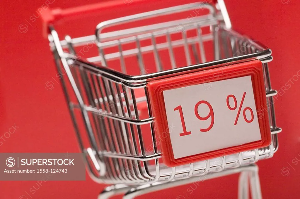 Miniature-shopping carts, 19 percent MWST, shopping carts, broached symbol, consumption shopping taxes tax office value added tax-increase, value adde...