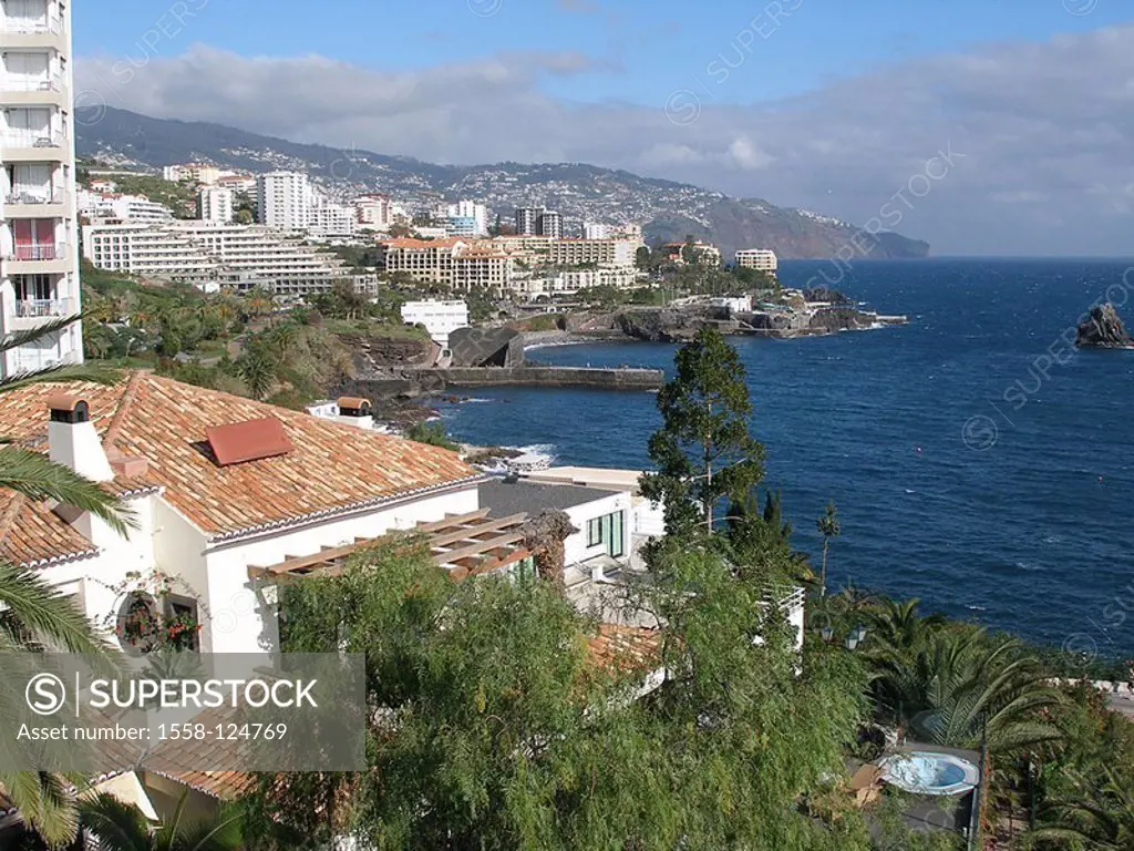Portugal, island Madeira, coast, Camara de Lobos, city-opinion, gaze Funchal sea Europe coast-landscape outlook, city, houses, hotels, Meeresküste, At...