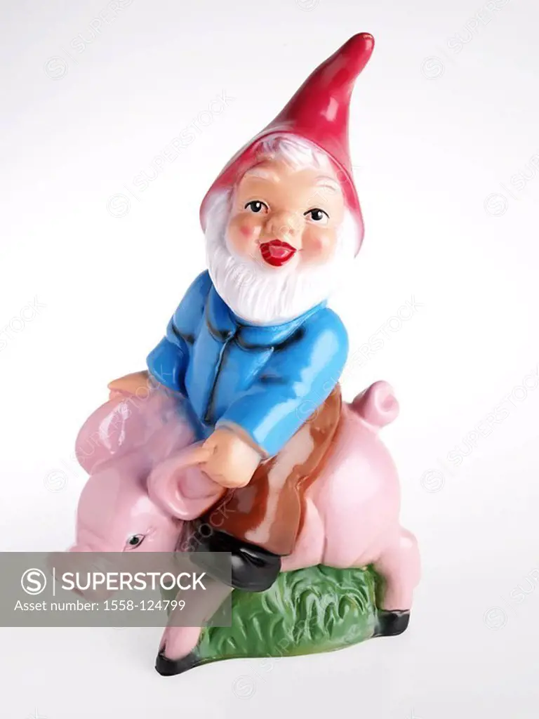 Garden-dwarf, cheerfully, piglets, rides figure, decoration Dekofigur garden-figure Zwergenfigur dwarf, Wichtel, kitsch, collectible, collector item, ...