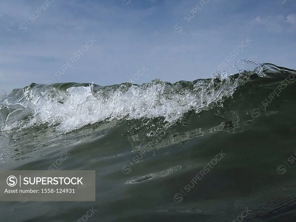 Sea, surf, wave, cloud-heavens, close-up, water, waves, movement, surface, restlessly, fluently, continually, water-surface, spray, nature, elements, ...
