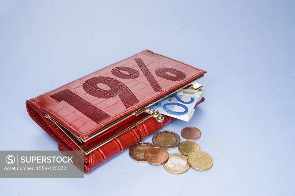 Purses, money, Euro, stroke, 19 percent, value added tax-increase, M, economy, finances, trade, leather-purse, red, bill, Euro-bill, coins, Euro-coins...