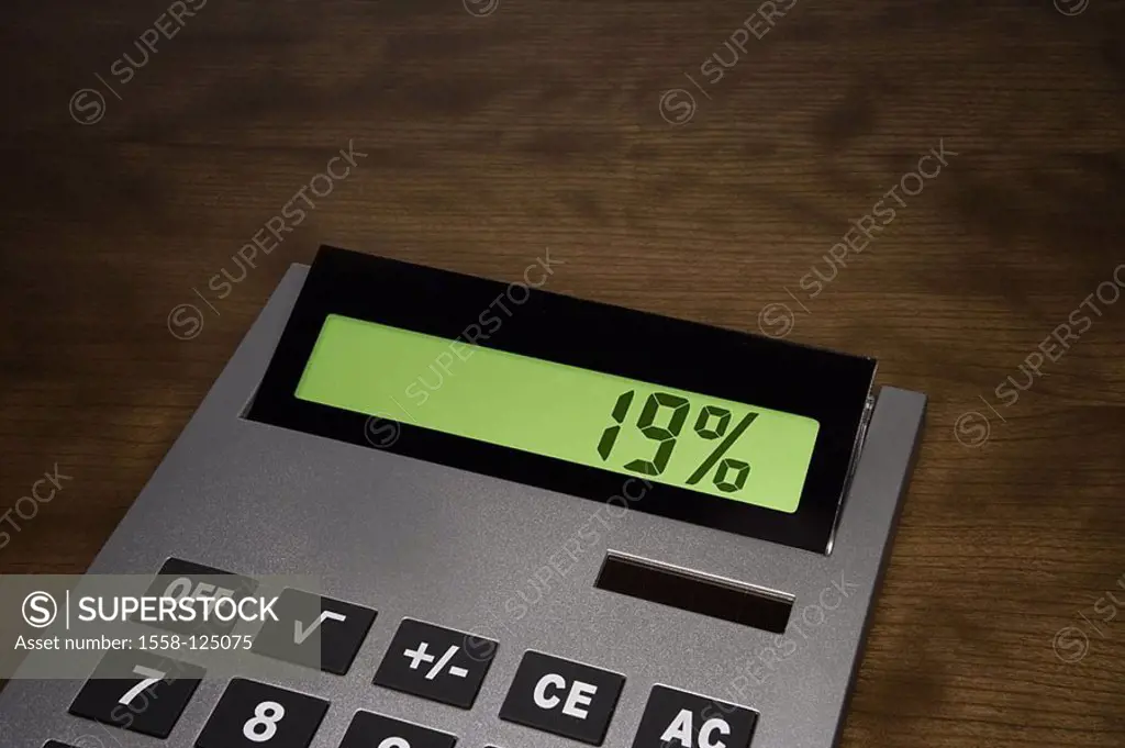 Pocket calculators, detail, Display, ad, 19 percent, value added tax-increase, M, economy, finances, trade, household, digital computers, calculators,...