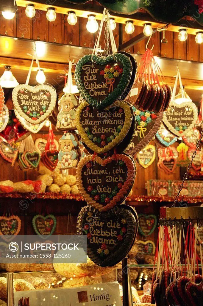 Market-stand, sale, gingerbread-hearts, detail, Jahrmakrt, Kirmes, market, Christmas-market, candy-stand, booth, sale, candies, hearts, gingerbreads, ...