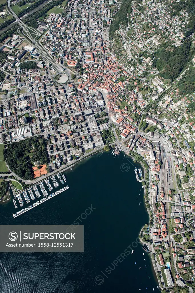 Lago Maggiore, mountain lake, shore, Locarno, town center, aerial view, harbour, Ticino, Switzerland