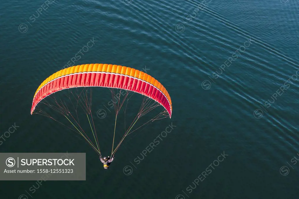 Paraglider, flight, Paragliding, enjoyment, vacation, Lago Maggiore, mountain lake, Locarno, aerial view, Ticino, Switzerland