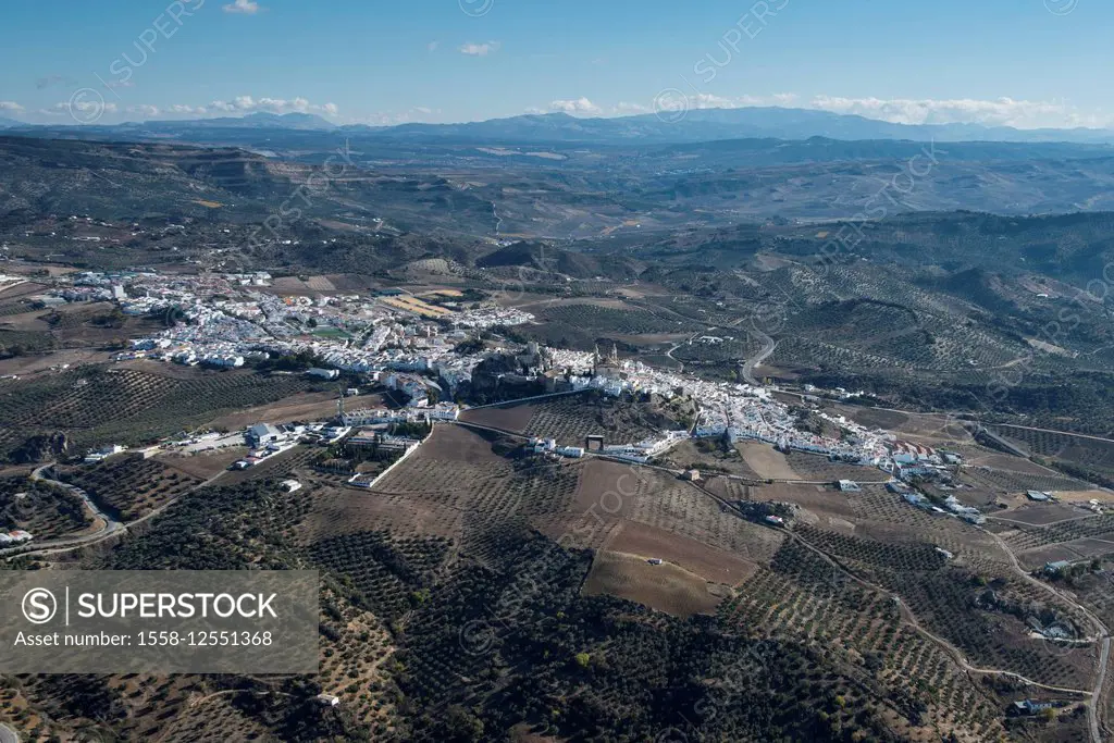 Olvera, Andalusia, town center, white village, summer, aerial view, Landscape, vacation, province of Cadiz, Spain