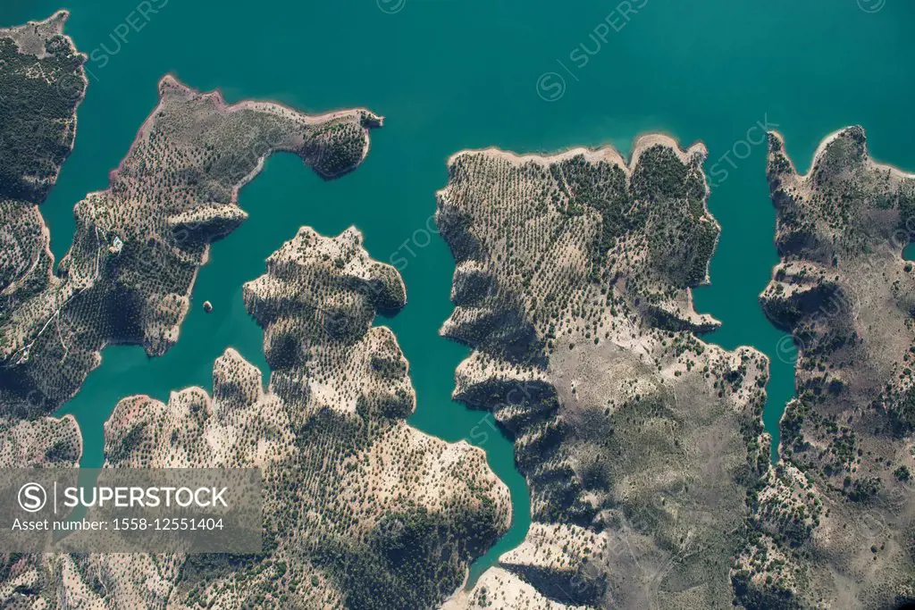 Natural form, Landscape, aerial view, Zahara, lake, shore, fjord, Andalusia, summer, vacation, province of Cadiz, Spain