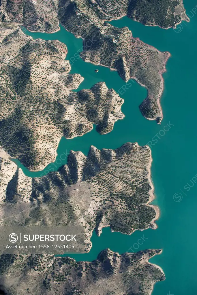 Natural form, Landscape, aerial view, Zahara, lake, shore, fjord, Andalusia, summer, vacation, province of Cadiz, Spain