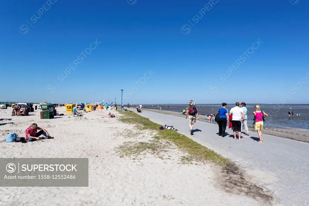 Low tide, beach of Neuharlingersiel, Eastern Frisia, Lower Saxony, Germany,