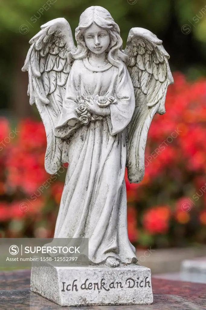 Angel figure, lettering, 'I think of you', cemetery of Aldenburg, Wilhelmshaven, Lower Saxony, Germany,