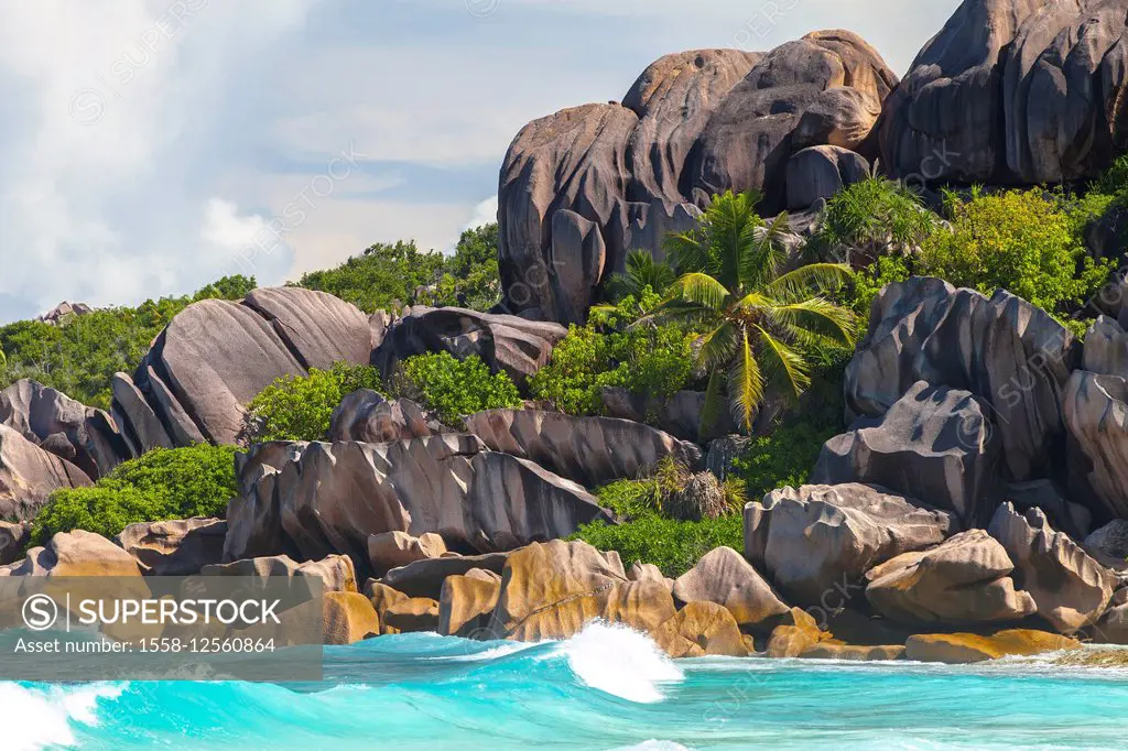 Grande Anse, La Digue, Seychelles, lonely dream beach, granite rocks with palms