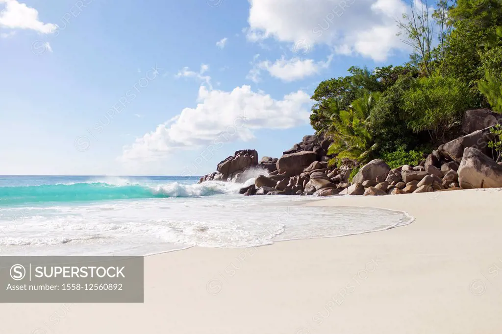 Dream beach, Indian Ocean, Seychelles, sand, water, small wave, blue sky, Anse Georgette