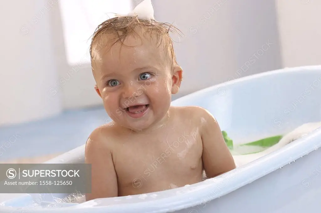 Sits toddler, baby-bathtub, laughs, cheerfully, detail, series, people, child, 10 months, child-bathtub, bathtub, water, plays, splashes, joy, fun, ch...