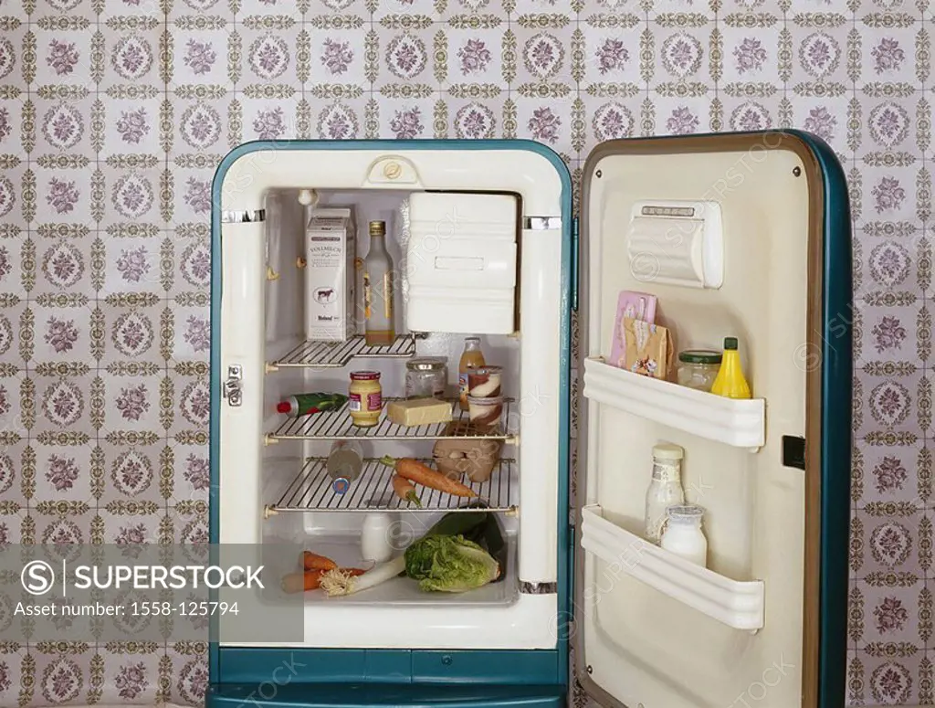 Refrigerator, openly, food, beverage, wallpaper, Retro, kitchen, antiquated, household-appliance, wallpaper-patterns, Retrolook, Gefrierfach, refriger...