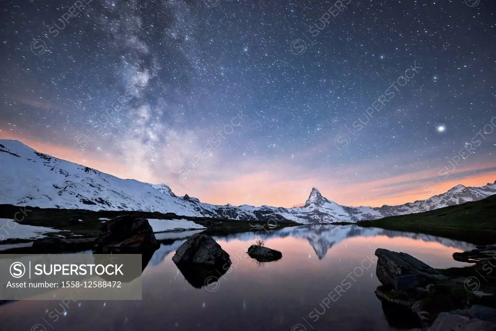 Switzerland, Matterhorn, Zermatt, Stellisee, reflection, night,