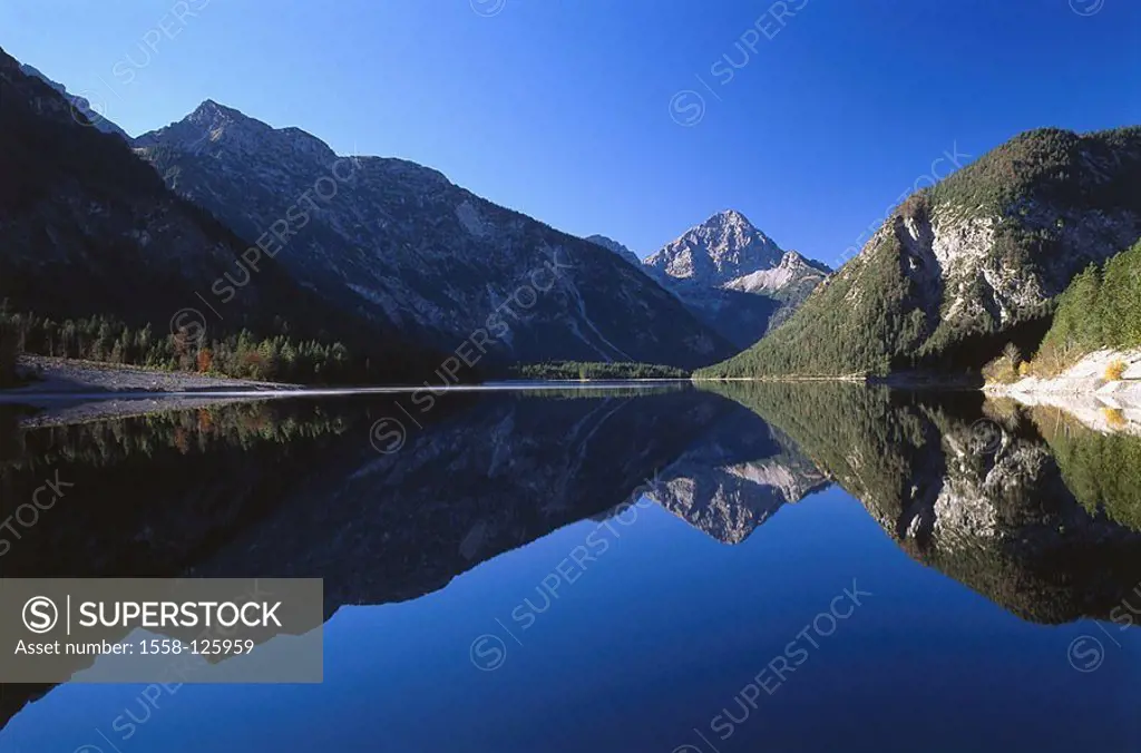 Austria, Tyrol, Außerfern, plan-sea, mountains, reflection, highland-shaft, Alps, sea, mountain lake, heavens, blue, clear, cloudless, smooth, windles...