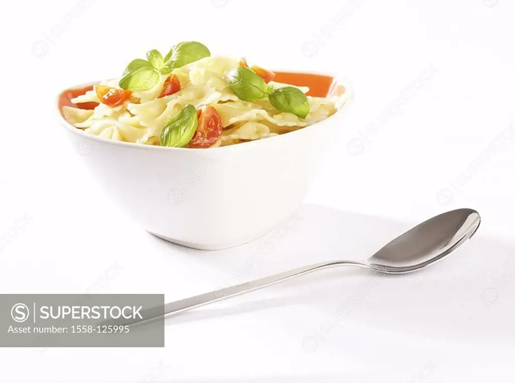 Peel, noodle-court, spoon, dishes, bowl, pasta, noodles, tomatoes, basil, noodle salad, symbol, food, vegetarian, meatless, low-calorie, eats fact-rec...