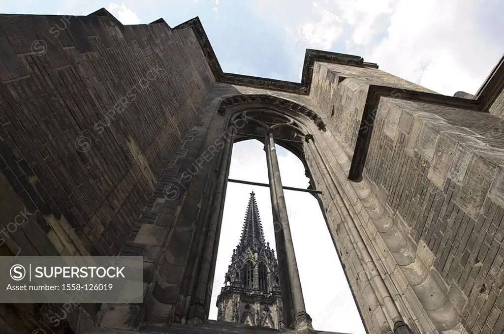 Germany, Hamburg, Nikolaikirche, windows, gaze, steeple, from below, series, Northern Germany, Hanseatic town, church St  Nikolai, church-ruin, ruin, ...