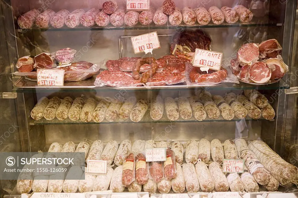 Italy, San Gimignano, butcher shop, cabinet, sausages, detail, business, butcher shop, bar, glass-cabinet, meats, Salmai, duration-sausage, sausage, s...